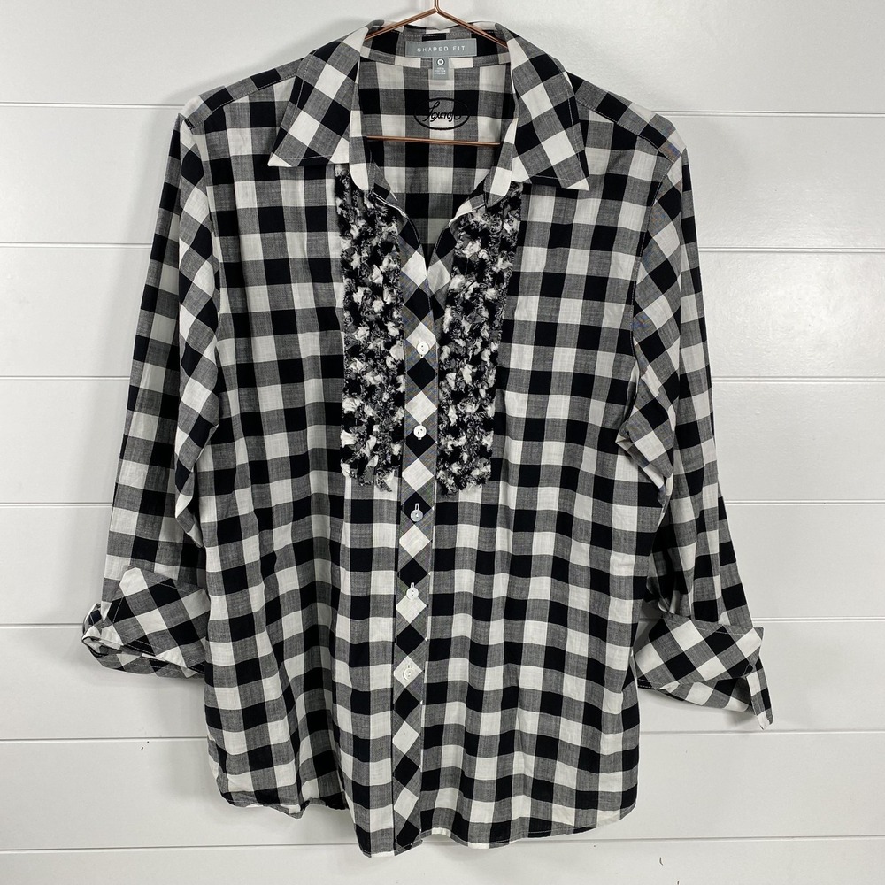 Foxcroft Shirt Womens 16 Black White Gingham Check Shaped Fit Ruffle Cotton